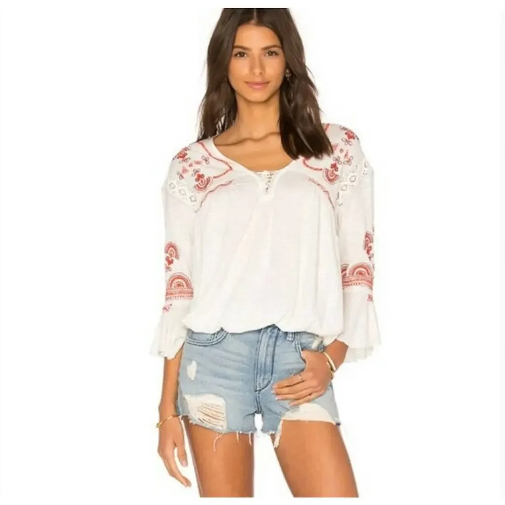 Free People Chiquita Ivory Peasant Top Orange Embroidery Flutter Bell Sleeves